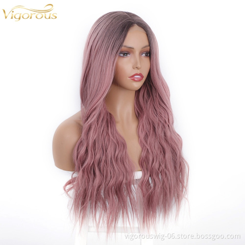 Body Wave Hair Wigs Long Synthetic Lace Ombre Grey Pink Wigs Women Middle Part Silky Full Heat Resistant Natural Looking wig